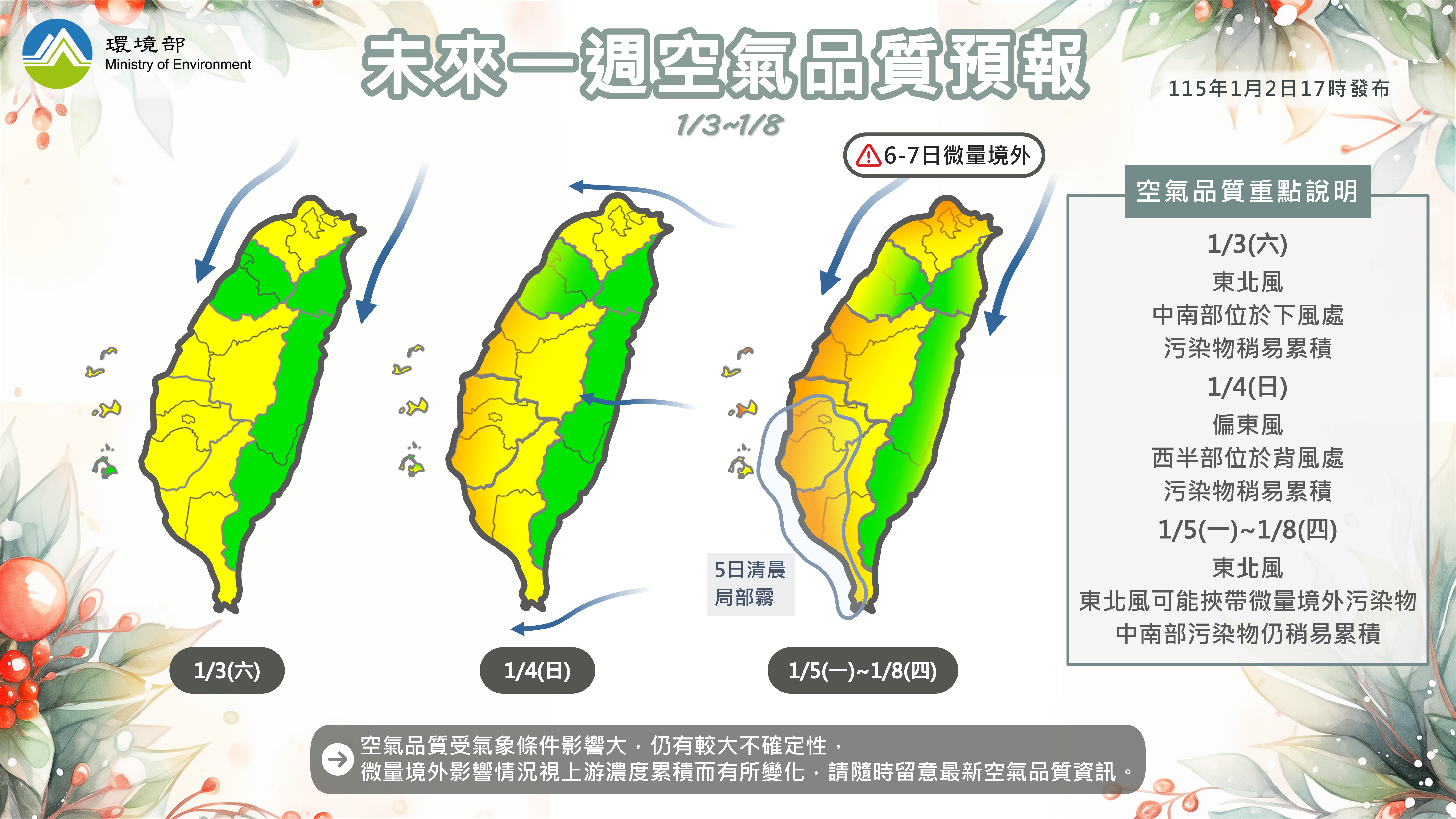 115年1月3日至1月8日空氣品質預報
